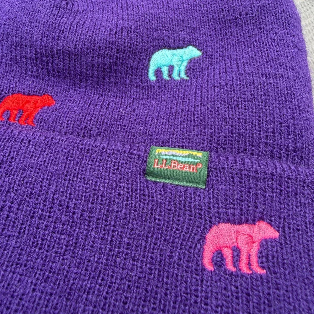L.L.Bean Purple Polar Bear Embroidered Knit Beanie Hat One Size Multicolor Cuff